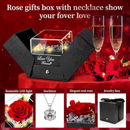 Preserved Red Real Rose with Heart I Love You Necklace -Eternal Flowers Rose Birthday Gifts for Women Her Mom Wife Girlfriend Grandma on Valentines Mothers Day Christmas Anniversary Romantic-Red