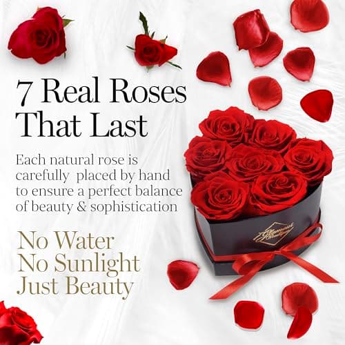 Small keepsake flower box for women, unique trinket and memory gift, cute present for a girlfriend, teacher or coworker GLAMOUR BOUTIQUE Preserved Flowers, 7 Forever Red Roses in Heart Gift Box