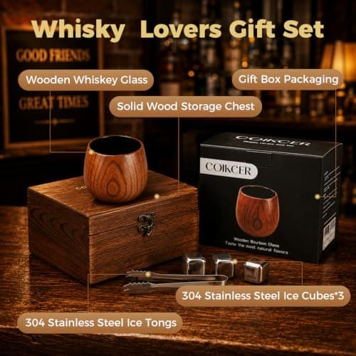 Shatterproof Jujube Wood Whiskey Cup, Naturally Insulated, Enhances Flavor, Ideal Bourbon Gift for Men in a Wooden Box Charred Wooden Bourbon Drinking Glass, Handmade Whistey Glass Set B0H12T634T