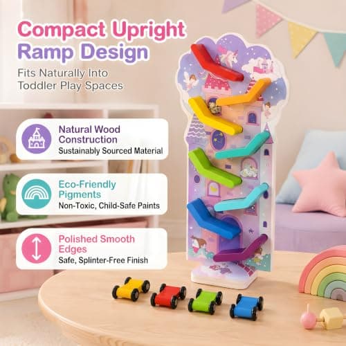 Montessori Toys for 2 Year Old Girls and Boys; Wooden Car Ramp for Cause-and-Effect and Hand-Eye Coordination; Birthday Gift Unicorn Car Ramp Toys for Toddlers 1-3, Wooden Race Track with 4 Mini Cars B0H7HBYL82