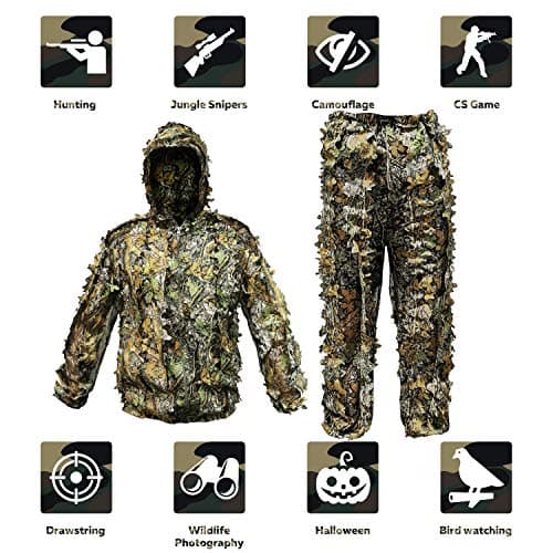Ghillie Suit Outdoor Leafy Suit for Hunting Super Lightweight Hooded Camouflage Including Clothes Gloves Face Mask and Bag