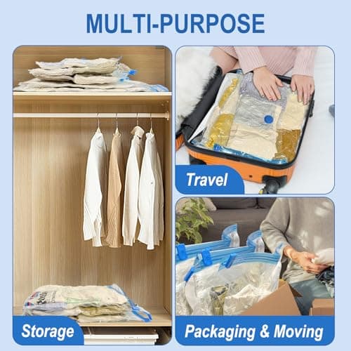 16 Pack Vacuum Storage Bags with Hand Pump, 4 Jumbo + 4 Large + 4 Medium + 4 Small Plastic Packaging Bags, 80% Space Saver Vacuum Seal Bags for Clothing, Travel Lugggage, Blankets, Comforters