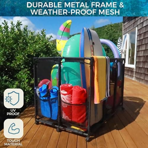 Pool Float Storage Organizer for Pool Noodles Floats Inflatables Towels - Ultimate Outdoor Pool Toy Storage Bin - XXL Black HDuty Metal - Pool Float Holder - Pool Storage Bin For Easy Poolside Cleanup