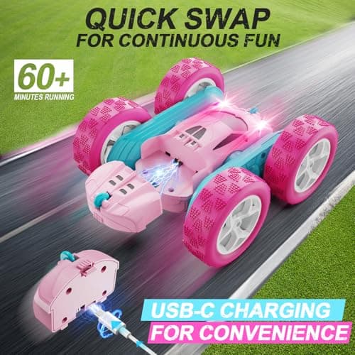 RC Cars, Pink Remote Control Car for Girls, 2.4 GHZ Double Sided RC Stunt Car 360° Rotating Remote Control Crawler with Headlights Car Toys for 6 7 8 9 10 11 12 Girls Birthday Gift Grandkids