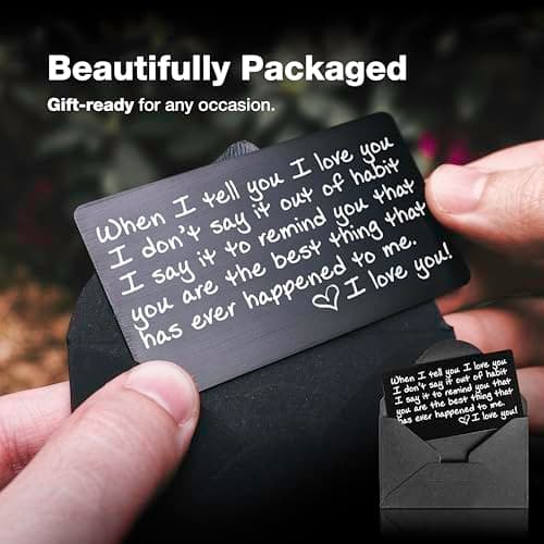 I Love You Card for Wallet – Surprise Gift for Him or Her - Voted Best Love Gift for Men or Women - Engraved, Durable, and Stays in Their Wallet Forever - Black Envelope Included