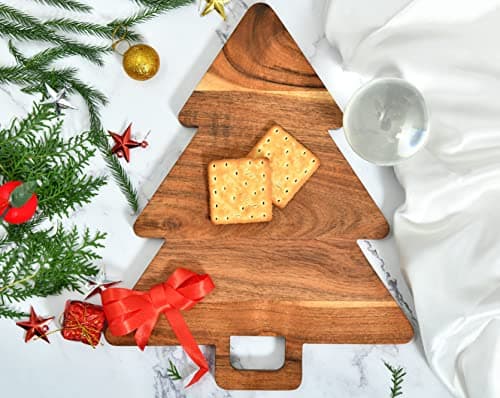 Affinity Decor Organic Acacia kitchen Cutting Chopping Board Platter Wine Holder with Handles for Butcher Block Cheese and Vegetables Fruit & Salad (Christmas Tree Board 14"L x 11"W)