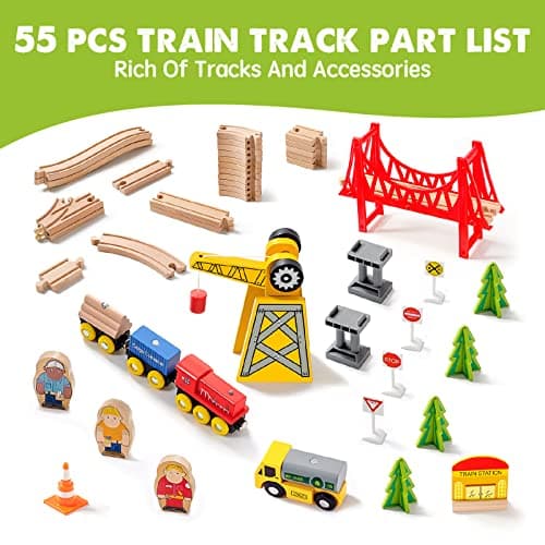 Tiny Land 55PCS Wooden Train Set - Compatible with Major Brand Tracks, Educational Toy for Toddlers & Kids Ages 3-7, Durable Wooden Railway Tracks