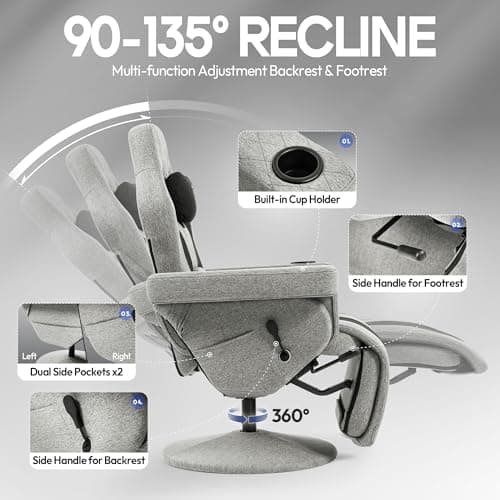 Dowinx Racing Style Gaming Recliner Chair with Massage Lumbar Support, Footrest, Cup Holder, Side Pouch, High Back Ergonomic Video Game Chair Reclining No Wheels Heavy Duty, Fabric Gray