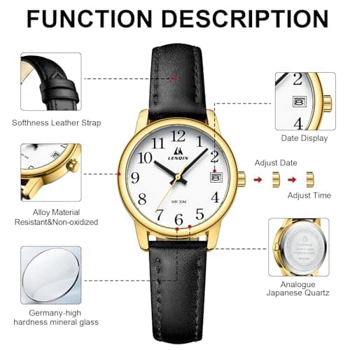 LN LENQIN Womens Watch Analog Quartz Waterproof Ladies Watches for Women Easy Read Women's Wrist Watches with Leather Strap Luminous Dial