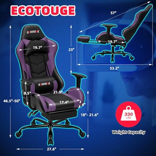 ECOTOUGE PC Massage Gaming Chair with Footrest Ergonomic Office Desk Chair Racing PU Leather Recliner Swivel Rocker with Headrest and Lumbar Pillow, Violet