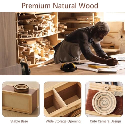 Vintage Wooden Camera Pencil Holder – Retro Desk Organizer for Pens & Stationery, Unique Photography Gift for Photographers, Creative Wooden Pen Holder for Office & Home Decor (Double slot) B0F4R7Z3M2