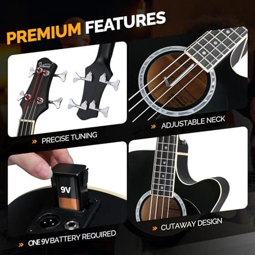 GLARRY Full Size Acoustic Electric Bass Guitar Beginner Kit w/ 15W Amp, Cutaway 4 Strings Electric Acoustic Bass Guitar w/Inbuilt Tuner, Bag, Strap, Picks, Strings, Bass Guitarra，Matte Black