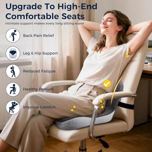 Seat Cushion, Office Chair Cushions for Tailbone Relief, Seat Cushions for Office Chair with L-Shaped Ergonomic Design & Adjustable Strap, Memory Foam Chair Cushion for Long Sitting Worker(Black Gray)