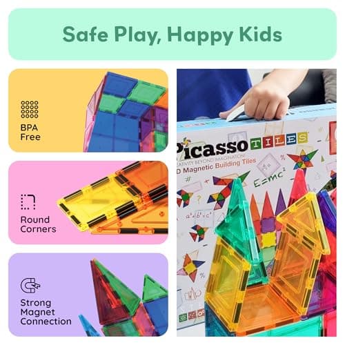 No-limit scalable builds, hands-on magnet polarity fun, family group play, quick assemble & store, shape & color recognition PicassoTiles 100 Piece Magnetic Tiles, Clear 3D Building Blocks for Kids 3+ B00AU56C5W