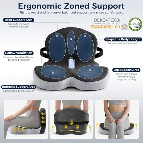 Seat Cushion, Office Chair Cushions for Tailbone Relief, Seat Cushions for Office Chair with L-Shaped Ergonomic Design & Adjustable Strap, Memory Foam Chair Cushion for Long Sitting Worker(Black Gray)