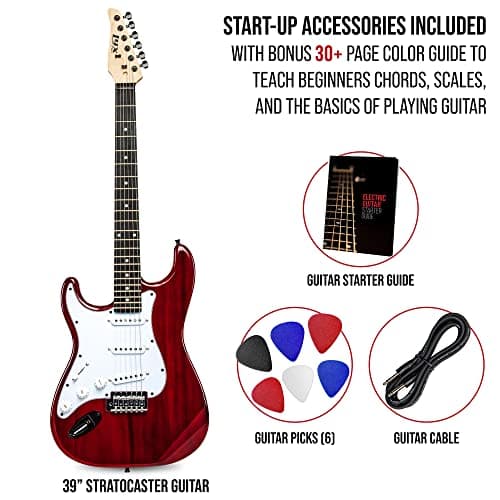 LyxPro CS 39” Left Hand Electric Guitar Kit for Beginner, Intermediate & Pro Players with Guitar, Amp Cable, 6 Picks & Learner’s Guide, Solid Wood Body, Volume/Tone Controls, 5-Way Pickup - Red