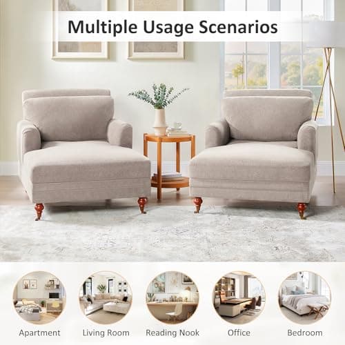VANOMi 57.48'' Chaise Lounge Chair Indoor, Modern Chenille Chaise Lounge Couch with Adjustable Deep Backrest, Upholstered Leisure Recliner Chair for Living Room, Apartment, Bedroom, Camel Color