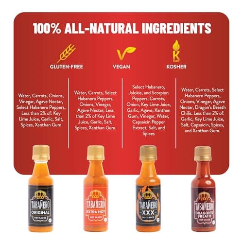 1.7 oz Mini Glass Bottles, Original, Extra Hot, XXX and Dragon's Breath, Gluten Free, All Natural, Low Sodium, Vegan, Kosher Tabañero Challenge Box, Hot Sauce Gift Set, 4-Pack B0CJYJ7KW9