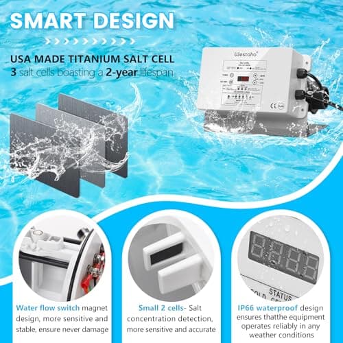 WiFi Salt Chlorine Generator, Westaho Salt Chlorination System with USA Titanium Cell, Real-Time Monitoring & App Control, for Above Ground Pools Up to 15,000 Gallons, Compatible with Intex Pool