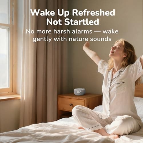 Buffbee Alarm Clock with Sound Machine for Bedrooms – 2-in-1 White Noise Machine for Sleep, Gentle Wake-Up with Soft Alarm Sounds, Ambient Night Light, Plug-in, Sleep Better, Wake Gently