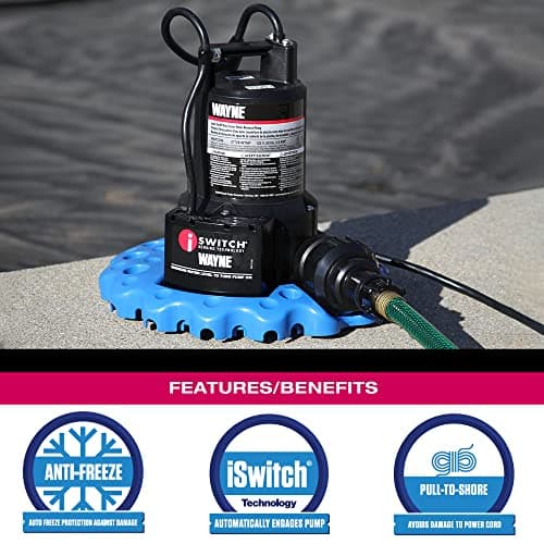 WAYNE WAPC250-1/4 HP Reinforced Thermoplastic Pool Cover Pump - Up to 3,000 Gallons Per Hour - Automatic On/Off Water Removal Pool Cover Pump