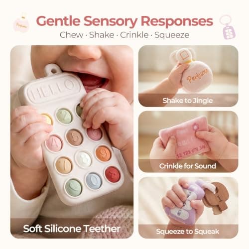 Teether Phone, Wooden Keys & Car Key, Soft Baby Purse with Mirror & Crinkle Card, Sensory Pretend Play, 1 Year Old Girl Gifts let's make My First Baby Purse, 10 Pcs Sensory Toy for Baby & Toddler Girls B0H151K19V