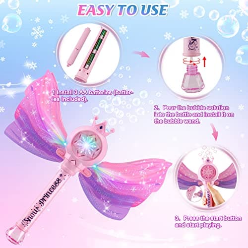 3 AA Batteries & 2 Bubble Solutions, Outdoor Party Birthday Gift for Girls 3-8, Bubble Machine for kids, Princess Toys, Pink Bubble Wand for Kids, LED Light Music Bubble Toys Girl Gifts Age 3+ B0BX57W4RX