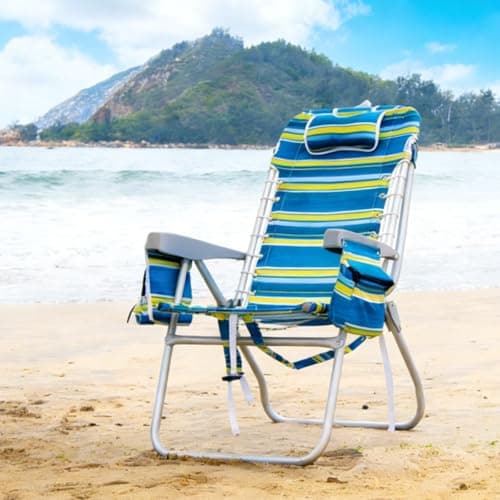 Romswi Tall Beach Chair Extra Wide for Adults, 17" High Seat Backpack Beach Chair with Cooler Bag, Cup & Phone Holder, 5-Position High Back Reclining Chair with Towel Bar & Zipper Pocket, Blue Stripes