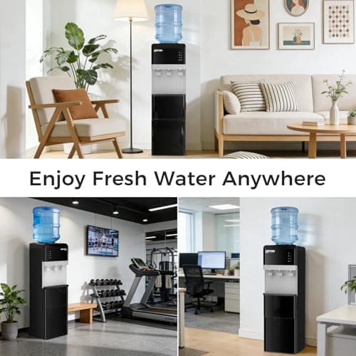 OSTBA Water Dispenser with Ice Maker for 3 & 5 Gallon Bottles, Top Loading Water Cooler with Hot Cold & Room Temperature Water, Bullet Ice Maker, Child Safety Lock for Home Office