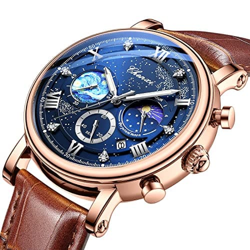 FANMIS Men's Classic Multifunctional Military Sports Analog Watch Business Dress Waterproof Luminous Chronograph Starry Sky Moon Phase Leather Wristwatch