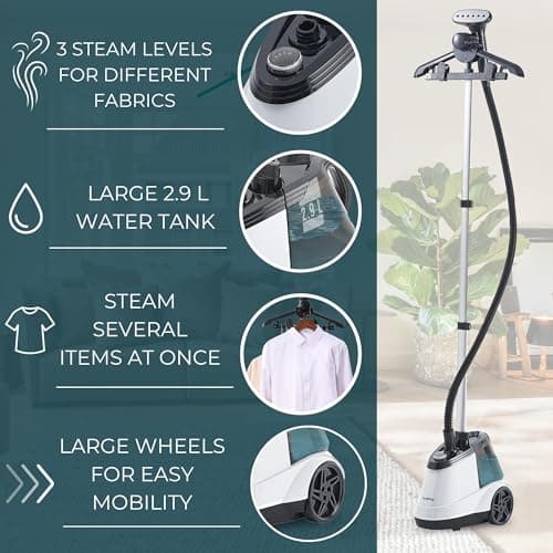 True & Tidy® Heavy Duty Auto Shut-off Commercial Full-Size Garment Steamer, Smart Water Sensor with Beep Alert, 3 Steam Settings, XL 2.9L Tank, 1800 watts, 90+min of Continuous Steam (White, Smart)