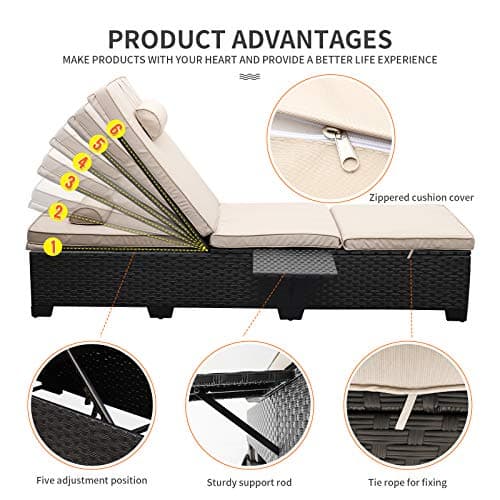 WAROOM Outdoor Chaise Lounge Chairs for Outside Patio Furniture Set of 2 Wicker Recliner Black Rattan Sunbathing Lounger Adjustable Backrest Pool Reclining Chair, Khaki Cushion