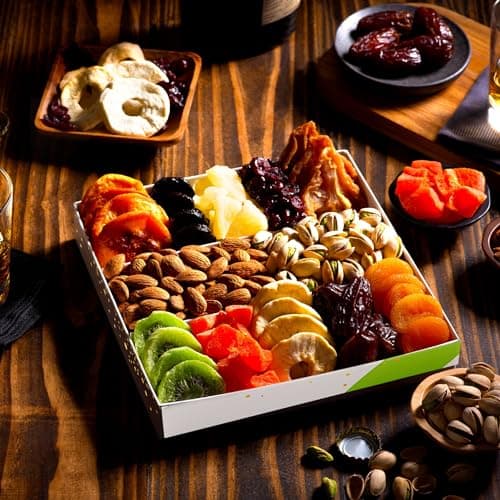 in White Gold Box Food Arrangement, Healthy Snack Care Package, Kosher NUT CRAVINGS - Dried Fruit & Mixed Nuts Gift Basket (12 Assortments) B07K8RCCB9
