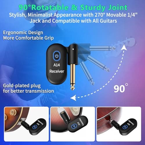 INGPARTNER A14 Wireless Guitar System 2.4GHz 2 Modes, Thumb-Size, 90° Rotatable, 100ft Range, Wireless Guitar Transmitter Receiver Plug & Play for Guitar, Bass, Violin, Keyboard - Black (1TX + 1RX)