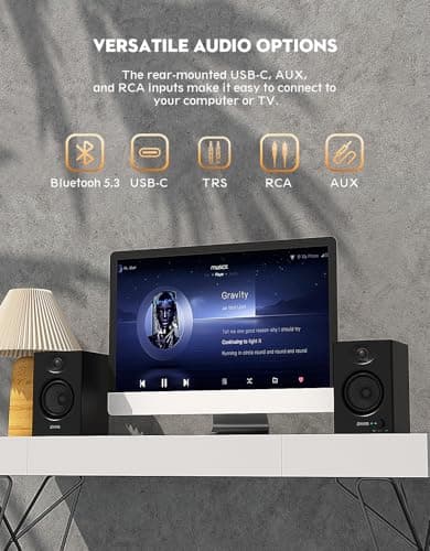 OHAYO 60W Computer Speakers for Music and Gaming, Active Bluetooth 5.3, Stereo 2.0 Speakers for Desktop PC or Laptop, 3.5mm Aux RCA USB Input, 1 Pair, Black