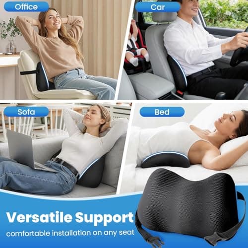 Lumbar Support Pillow for Office Chair, Memory Foam Lower Back Support, Ergonomic Lumbar Pillow with Adjustable Strap, Breathable Cover (Black)