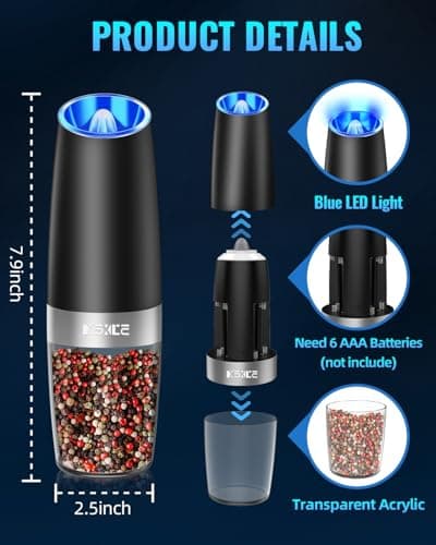 XinXu Gravity Electric Pepper and Salt Grinder Set, Adjustable Coarseness, Battery Powered with LED Light, One Hand Automatic Operation, 2 Pack/Black