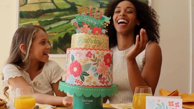 Freshcut Paper Pop Up Birthday Card for Women, Blooming Birthday Cake, 12 Inch Life Sized Tiered Cake, 3D Popup Greeting Cards with Blank Notecard & Envelope