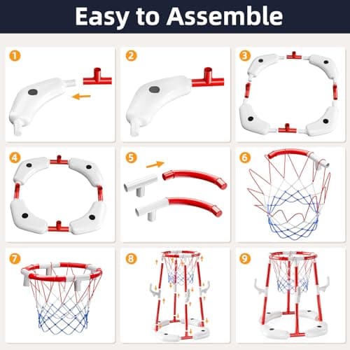 Pool Basketball Hoop, 2-in-1 Floating Pool Toys Ring Game with 4 Balls and Pump, Outdoor Swimming Pool Basketball Games Water Play Toy Family Party for Kids Adults Age 3-12 (Red)