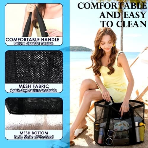 Fammart Mesh Beach Bag, Large Beach Tote with Zipper Pocket, Toys Pool Bag for Family Travel Vacation Cruise Essentials