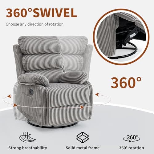 Plush Premium Velvet 360° Swivel Rocker Recliner Chair - High Back Glider with Generous Footrest, Supportive Armrests & Side Pocket for Nursery, Living Room & Small Spaces Grey