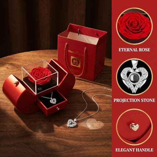 Preserved Real Rose with I love you Necklace 100 Languages, Gifts for Girlfriend, Women, Mom, Wife, Gifts Idea on Christmas, Valentine's Day, Mother's Day, Birthday, Anniversary, Thanksgiving