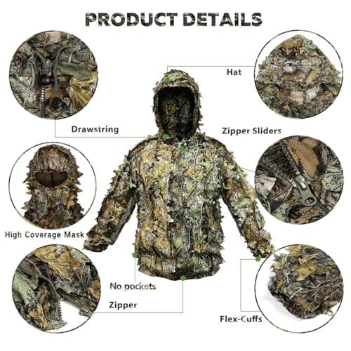 Ghillie Suit Camouflage Hunting Suits Outdoor 3D Leaf Lifelike Camo Clothing Lightweight Breathable Hooded Apparel