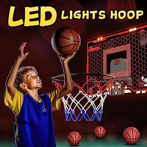 HopeRock Indoor Basketball Hoop for Kids, Over The Door Mini Basketball Hoops, with LED Light, Scoreboard, Birthday Toys Gifts for 5 6 7 8 9 10 11 12+ Year Old Boys