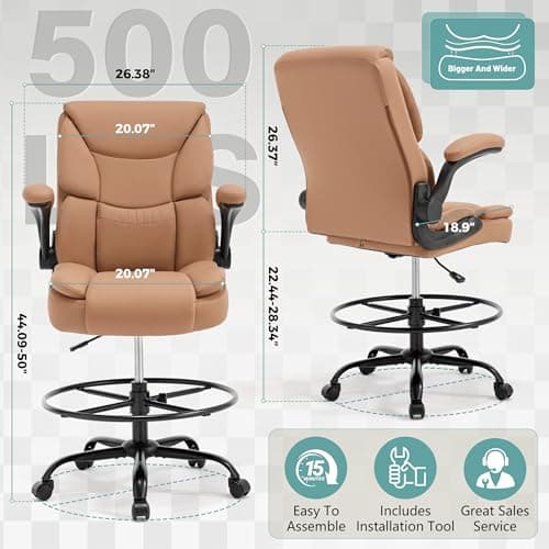Ergonomic Drafting Chair, Tall Office Chair for Standing Desk, High Back Standing Desk Chair with Flip-Up Armrest, Adjustable Height&Foot Ring, Executive PU Leather Extended Height Office Chairs,Brown