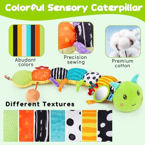 Baby Sensory Toy 0-6 Month Music Animal Stuffed Plush Caterpillar Toy for Infant 0-3-6-12 Month Old Tummy Time with Baby Mirror Crinkle Rattle Carseat Toys for Newborn Boys Girl Shower Gifts