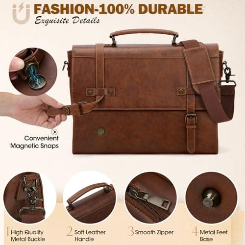 RAINSMORE Mens Messenger Bag 17 Inch Waterproof Vintage Leather Laptop Briefcase Large Laptop Bag Satchel Bag Computer Shoulder Bag for Office Business Travel College,Brown