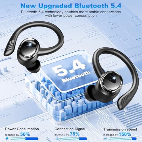 Hupoaf Wireless Earbuds Sport, New Bluetooth 5.4 Headphones with Earhooks, 50H Stereo Deep Bass Over Ear Buds with 4 ENC Noise Canceling Mics, IP7 Waterproof Earphones for Running Workout Gym -Black