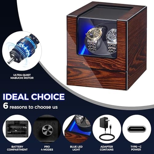 BEWISHOME BEWISHOME Watch Winder for Automatic Watches, Automatic Watch Winder Box Watch Spinner with LED Light, Double Watch Winder with Quiet Motor Wooden 4 Modes Battery or Type-C Adapter, Brown SYQ02Y