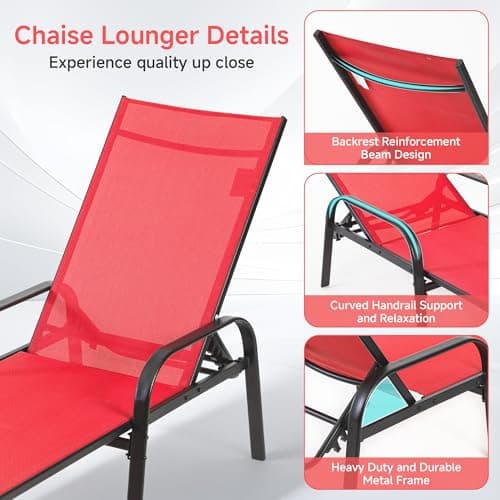 NEWBULIG Outdoor Lounge Chair for Pool, Chaise Lounge Chairs with 5-Position Recliner,350 lbs Heavy Duty Patio Pool Chair, Outdoor Sun Chairs with Metal Frame for Backyard, Classic Red